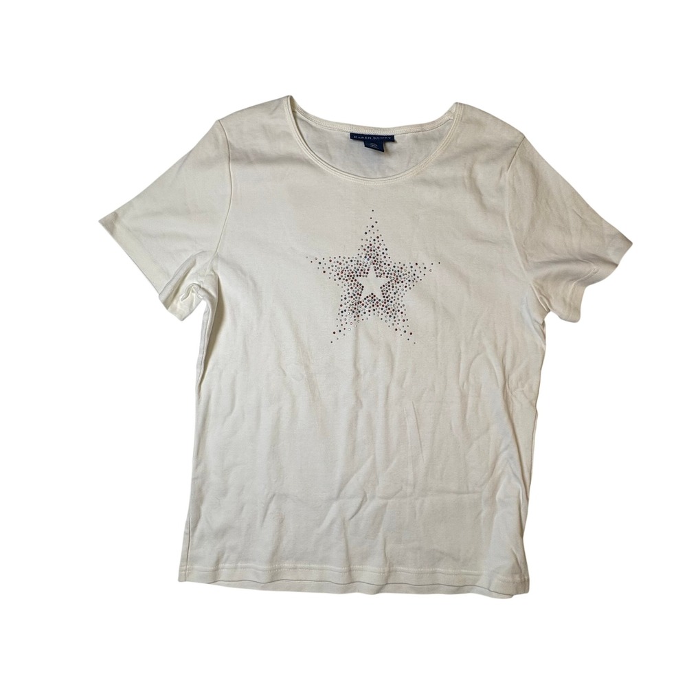 Karen Scott Petites Cream Cotton Rhinestone Star Graphic‎ T-Shirt PL Patriotic
